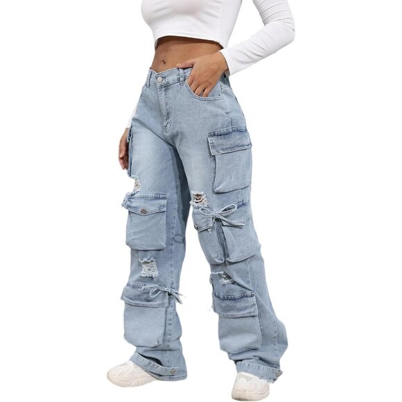 Denim - Women’s Baggy Cargo Jeans Cotton High Waist Streetwear Casual Y2K